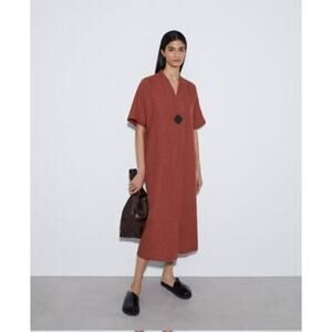 Adolfo Domínguez Rust Linen Midi Dress Minimalist Kimono Wrap Style Women M
